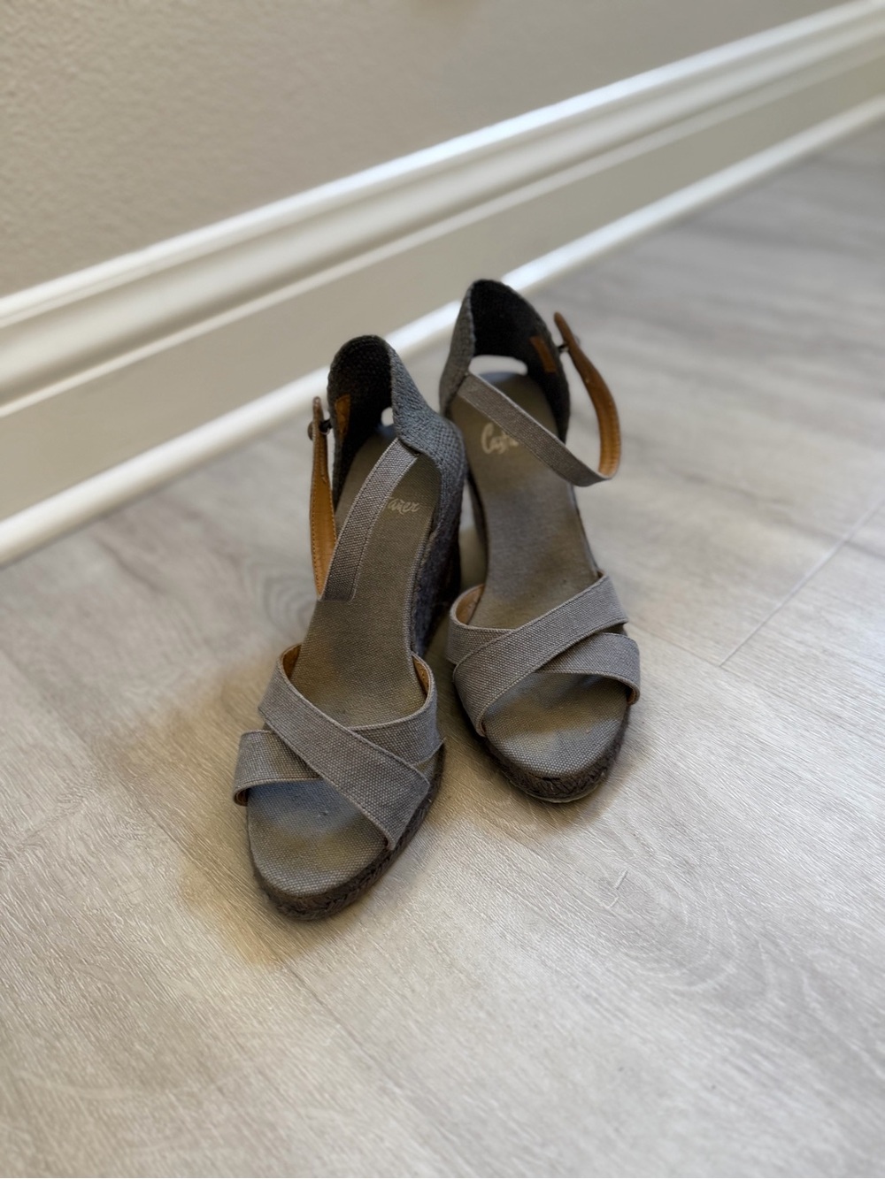 Castaner Gray Cross-Strap Wedge Sandals with Ankle Buckle